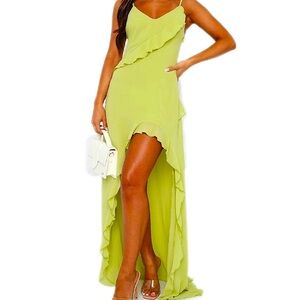 Elegant Lime Green Women's Ruffle Maxi Dress Y2K Fairy Shrek Vibes Sheer Size S